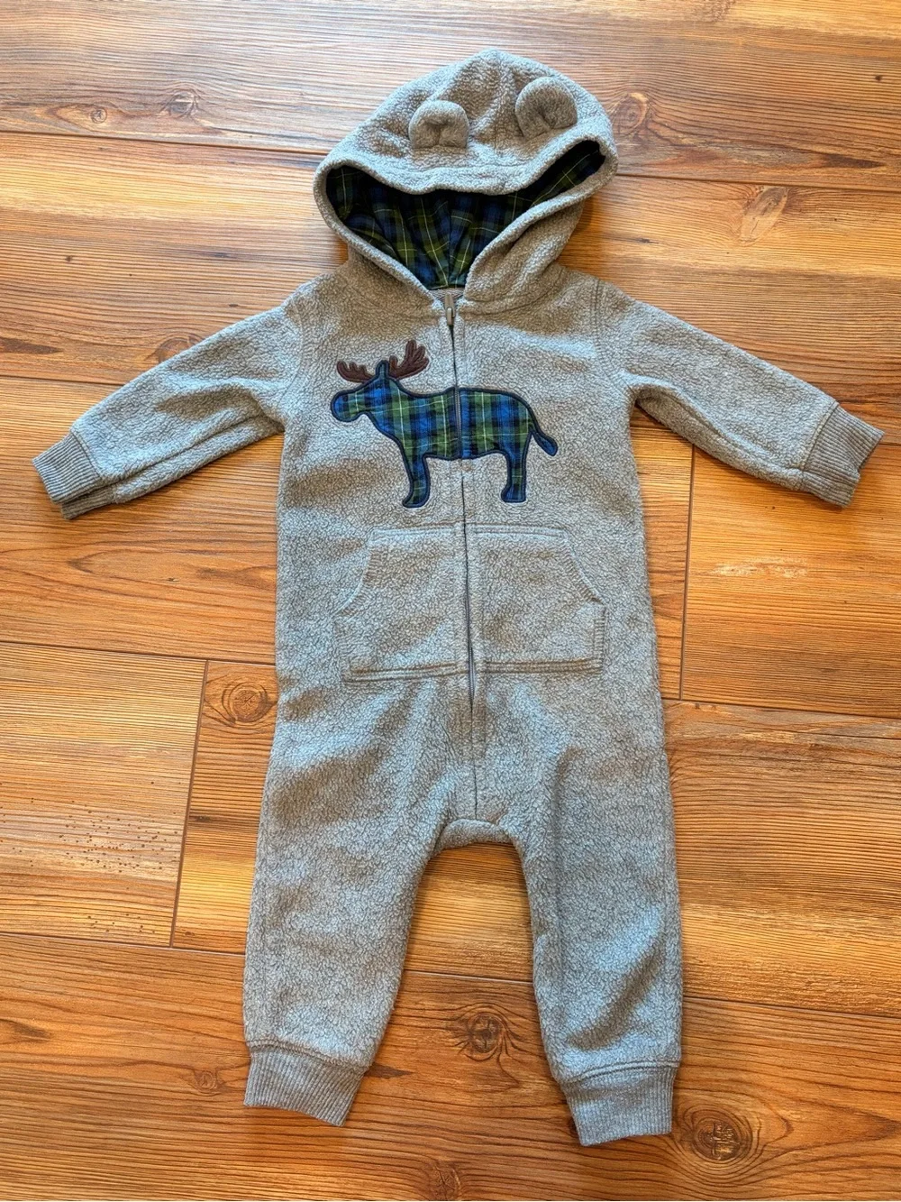 3 Carters 6 Months Cozy Baby Hooded Fleece Rompers - Gray/Tan Bears & Moose